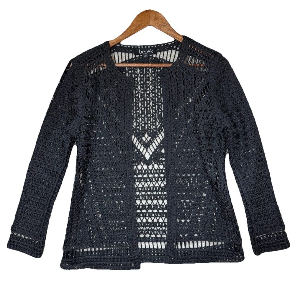 berek Black Openwork Crochet Cardigan Sweater